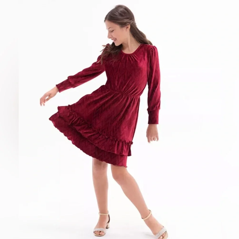Rare Editions Textured Velvet Tiered Dress Girls Size 10 Burgundy Holiday NEW